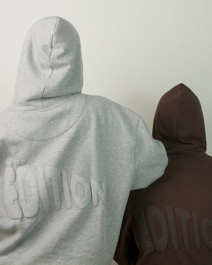Two people seen from behind wearing hoodies, one light gray and one dark brown, standing against a plain light gray wall. The back of both hoodies features a large tonal 'EDITION' logo.