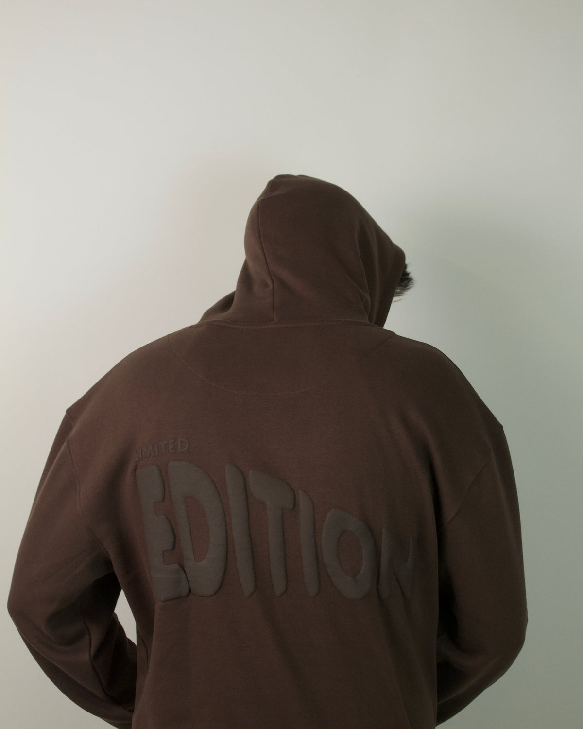 A person viewed from behind wearing a dark brown pullover hoodie with a large tonal 'EDITION' logo across the back, set against a plain light gray wall.