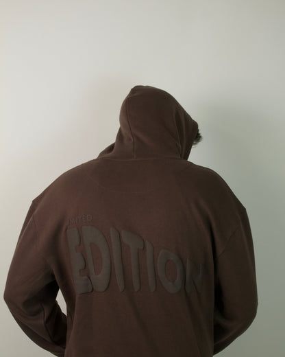 A person viewed from behind wearing a dark brown pullover hoodie with a large tonal 'EDITION' logo across the back, set against a plain light gray wall.