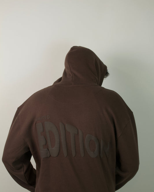 A person viewed from behind wearing a dark brown pullover hoodie with a large tonal 'EDITION' logo across the back, set against a plain light gray wall.
